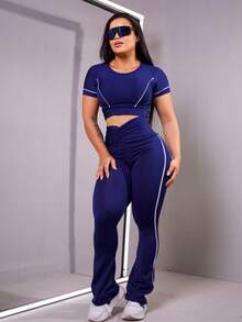 Women's Gym Set: Top And Leggings, Flare Ballerina Style, High Waist, Supplex, Workout Clothes - 藏蓝色 - 查看 2