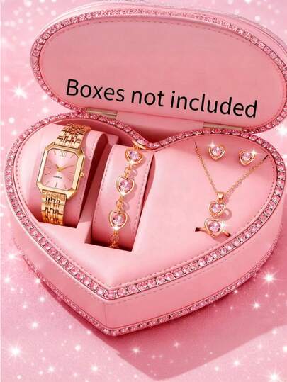 Conjunto de 6/5 piezas de reloj de cuarzo con números romanos elegante de moda para mujer, con pulsera, collar, anillo y aretes a juego. Adecuado como regalo de cumpleaños/festividad para damas, perfecto para volver a la escuela, fiestas, viajes y vida diaria