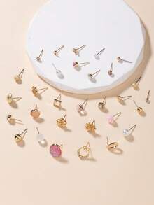 30 Pairs Women Metal Tree, Shell, Pearl, Heart Shaped Earrings Set, Gift - Multicolor - View 3