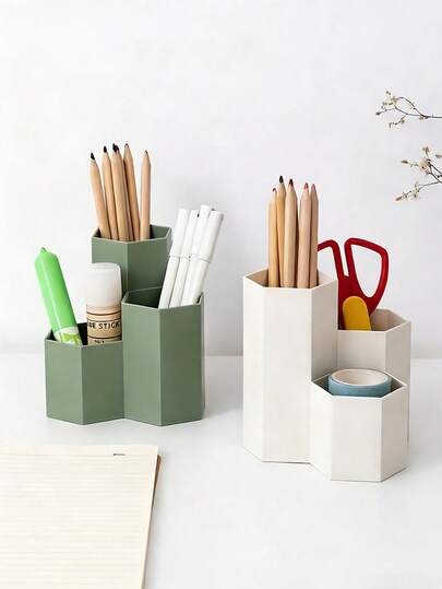 Multifunctional Desktop Storage Box - Lightweight Plastic Pen Holder With Multiple Compartments, Compact Office & Study Supplies Organizer, Vanity Tray, Modern Geometric Design, Practical Dividers, Essential For Home Organization And Back To School