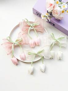 4件套女士时尚可爱蝴蝶结郁金香花朵发夹，优雅公主风侧夹，网纱蝴蝶结流苏花朵发饰，适合日常佩戴、摄影、发爪、发夹、发卡、发卡、夏季、假日、旅行、节日、派对等场合。 - 粉紅色+米色 - 查看 11