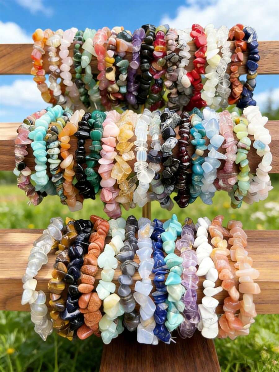 1/5/10/20/50/100 件多色天然石水晶宝石手链、紫水晶、虎眼石、黑曜石等天然水晶宝石弹性手链、脉轮石、瑜伽冥想能量手链、节日派对宝石礼物 - 彩色 - 查看 1