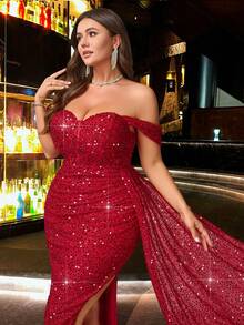 CHOSMO 大码女式纯色亮片优雅重工装饰露背高开衩连衣裙，适合约会、婚礼、派对、周年纪念、节日、鸡尾酒会、正式晚宴、婚礼宾客、毕业典礼、盛大晚宴、返校节、春季派对等场合。 - 酒紅色 - 查看 3