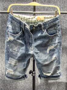 Ripped Five-Point Jeans Men's High Street  Brand Light-Colored Retro Beggar Summer Thin Ruffian Handsome Vibe Style Short Pants - D51 - 查看 2