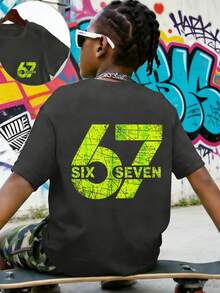 Tween Boy- Creative Green Number 67 Print T-Shirt, Suitable For Casual, Streetwear, School, Event Wear, Fashionable Boys Summer Top - Dark Grey - View 3