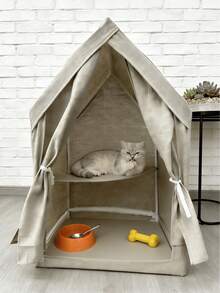 中小型封闭式宠物帐篷，四季透气舒适宠物屋，可拆卸易安装室内宠物床，猫狗防焦虑休息庇护所 - 橄欖綠 - 查看 11