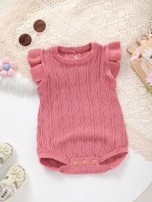 Baby Girls' Sweet Cap Sleeve + Textured Knit Romper, Suitable For Outings, Parties Or Dining - Watermelon Pink - View 1
