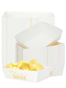10pcs/30pcs/50pcs White And Gold Paper Food Boat Trays, Suitable For Wedding, Bridal Shower, Bachelorette Party, Snacks, Popcorn, Desserts, BBQ, Hot Dogs, Sandwiches, Burgers, Tacos, Fries, Nachos - White - View 3
