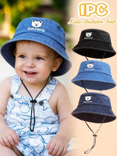 1pc Baby Summer Lightweight Bear Embroidery Denim Bucket Hat, Adorable Vintage Stylish, Adjustable Safety Strap, Suitable For 2-3 Years Old Toddlers Outdoor Travel And Play, Sun Protection