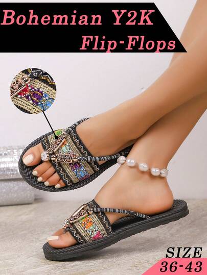 Summer Bohemian | Y2K Style | Black & Floral Faux Woven Texture Design With Colorful Embroidery And Toe Ring Decor - Flat Sandals Suitable For Shopping, Vacation, Music Festivals And Themed Events