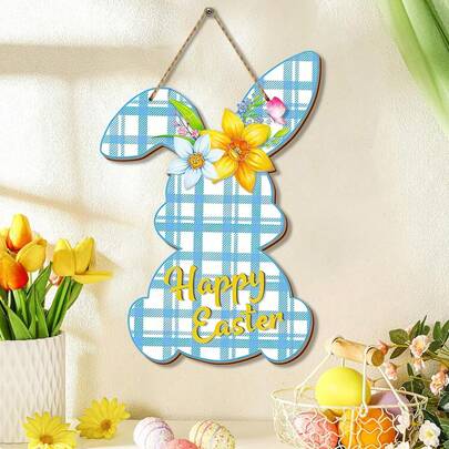 1件复活节木质装饰牌，复活节快乐欢迎花环牌，蓝色兔子复活节快乐木质装饰，春季兔耳朵木质花环，适合复活节派对装饰，节日家居装饰挂件