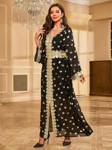 Gold Foil Leaf Patchwork Long Sleeve Dress - Black - View 1