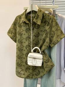 女款純色透視網紗襯衫，輕盈短袖鈕扣領口上衣，辦公休閒度假夏季女式襯衫 - 軍綠色 - 查看 5