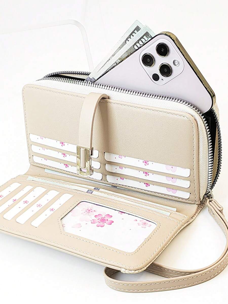 Women's Mini Handbag Wallet, Sophisticated Snap Closure Colorblock Soft PU Leather Long Wallet, Multi-Functional Large Capacity Card Holder Zipper Coin Purse, Lightweight & Fashionable - Beige - View 1