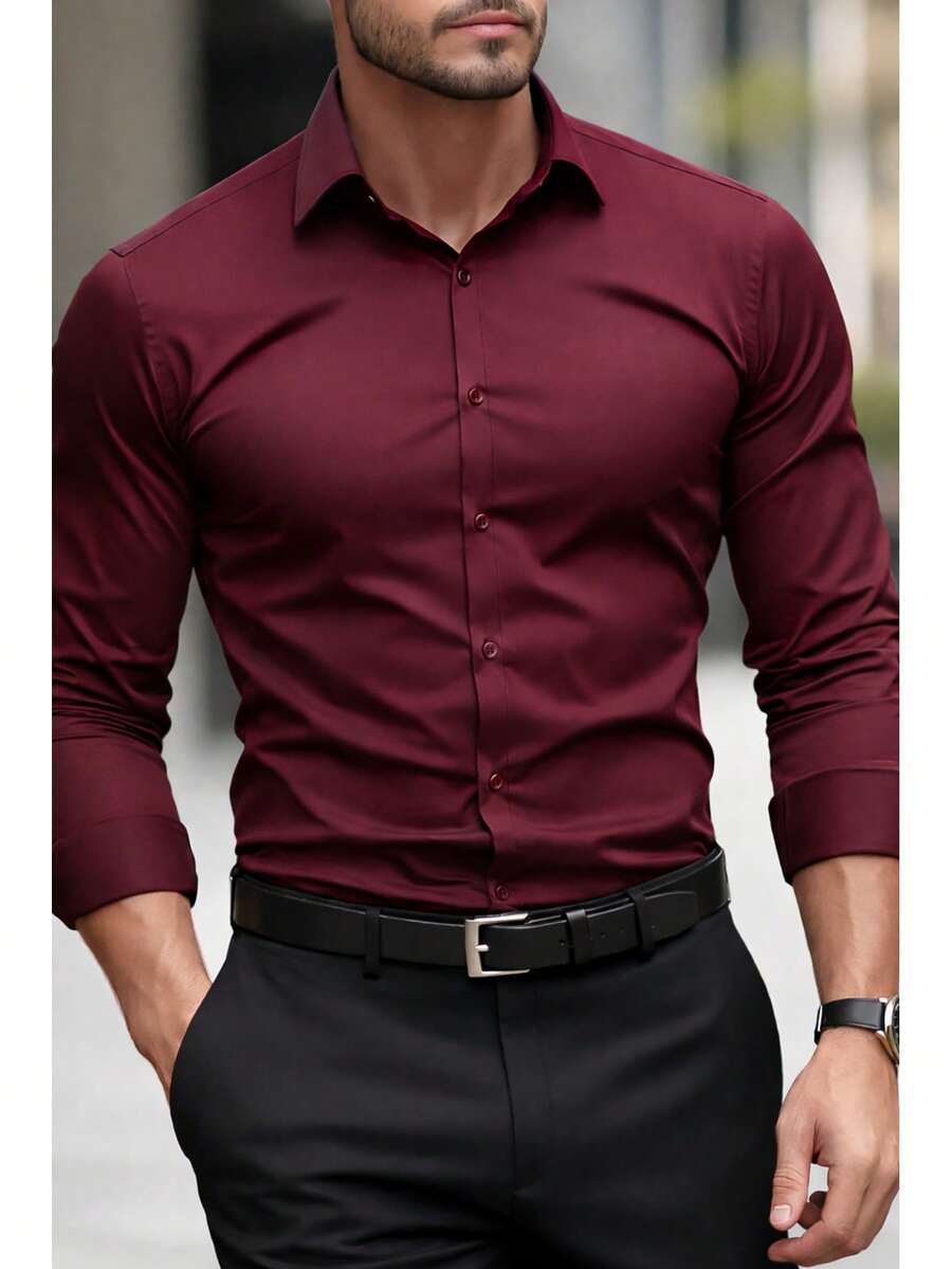 Plain Slim Fit Dress Shirt With Elastane - 紫紅色 - 查看 1
