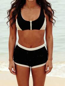 Trajes de baño de dos piezas para mujer, bikini de talle alto con colores contrastantes, conjunto de verano. - Negro - Ver 3