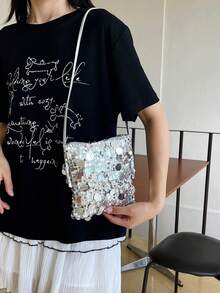 1个绗缝开合式PVC亮片小方包，时尚闪亮亮片零钱包手机包，女士派对活动包，新款时尚链条斜挎包，闪亮亮片别致单肩包，适合女士出席宴会和派对 - 銀色 - 查看 3