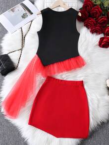 2pcs/Set Girls Rose Floral Print Vest Top & Mesh Hem Skirt Set, Spring/Summer - Black - View 8