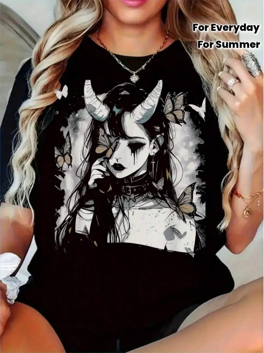 Plus Size-Funny Men's And Women's Round Neck T-Shirt Women's Fashion T-Shirt,Women's Gothic Anime Graphic T-Shirt - Black & White Horned Character Print - Soft Breathable Cotton Tee - Loose Fit Casual Shirt For Everyday & Halloween Outfits - Machine Washable, Summer Party Attire - màu đen - Xem 1