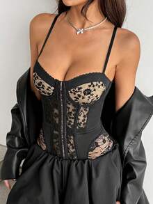 Vexica Women's Black Mesh Embroidered Lace Bodysuit, Sexy Night Out Daily Button Front Sheer Slim Fit Spaghetti Strap Bodysuit. - Black - View 11