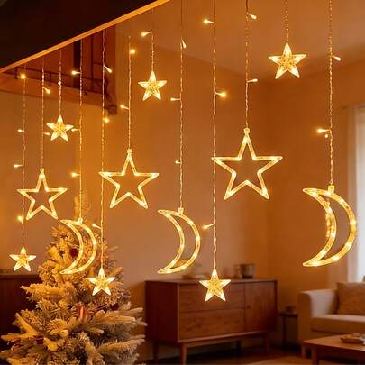 USB Powered Star & Moon Decorative Curtain Lights, Aesthetic Style Room Decor