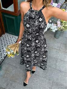 Rochie midi fără mâneci pentru femei, de vară, cu imprimeu floral alb cu imprimeu floral și spate gol, elegantă, pentru petrecere de vacanță - Alb-negru - Vizualizare 1