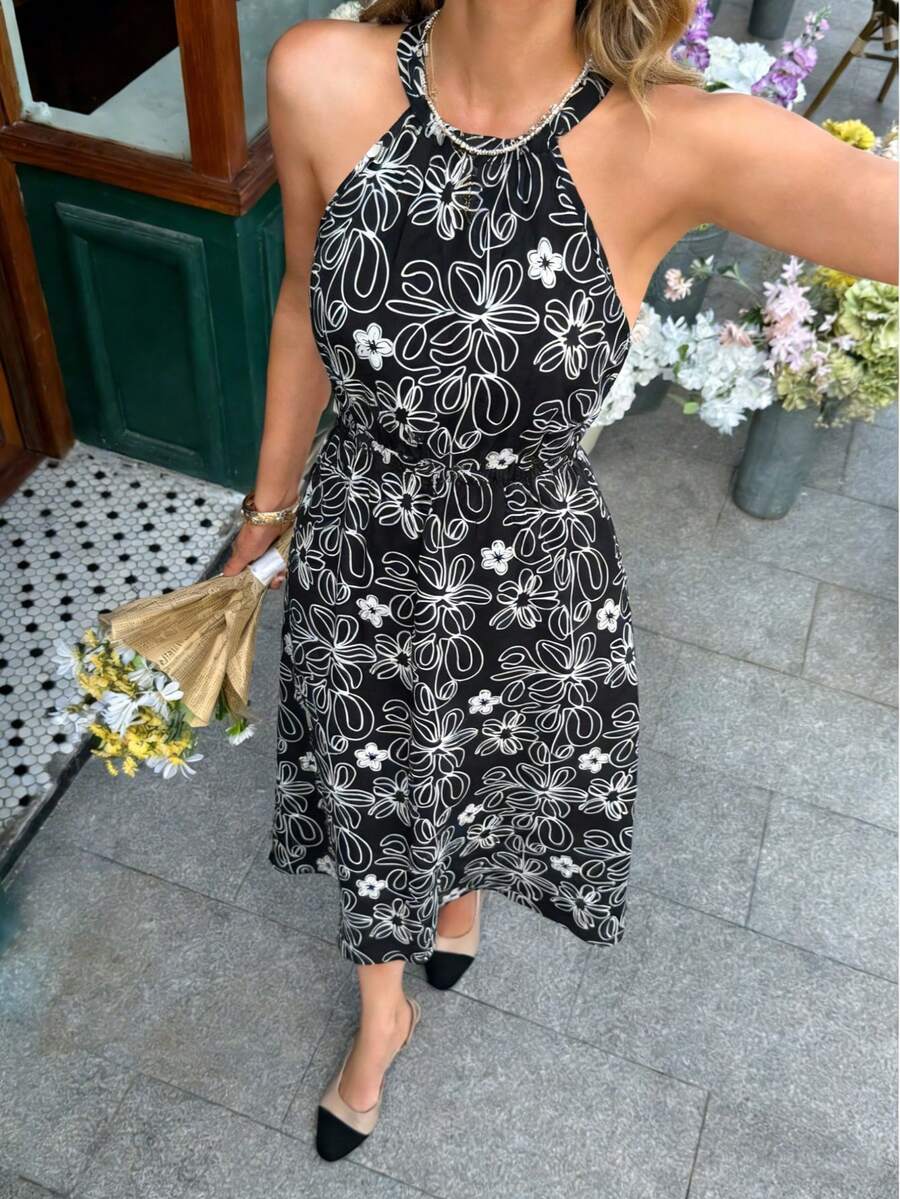 Rochie midi fără mâneci pentru femei, de vară, cu imprimeu floral alb cu imprimeu floral și spate gol, elegantă, pentru petrecere de vacanță - Alb-negru - Vizualizare 1