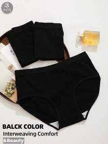 3pcs Women High Waist Panties, Comfortable Breathable Solid Color Underwear, High Elasticity Tummy Control Full Coverage Seamless Shapewear - Black - View 3