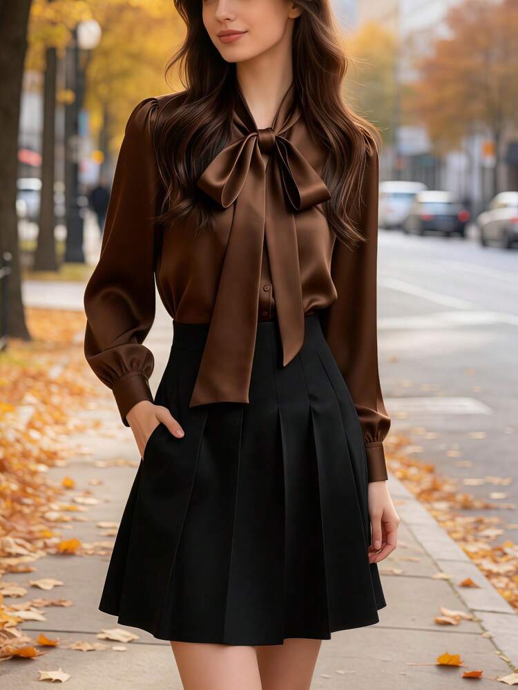 Camisa casual de manga larga de satén blanco elegante para mujer, blusa versátil para ir y venir con detalle de cuello con lazo - unicolor apto para todas las estaciones, lavable a máquina, no transparente, tela suave y transpirable, textura de satén refinada, corbata de unicolor para la oficina y el uso diario - Café integral - Añade 2