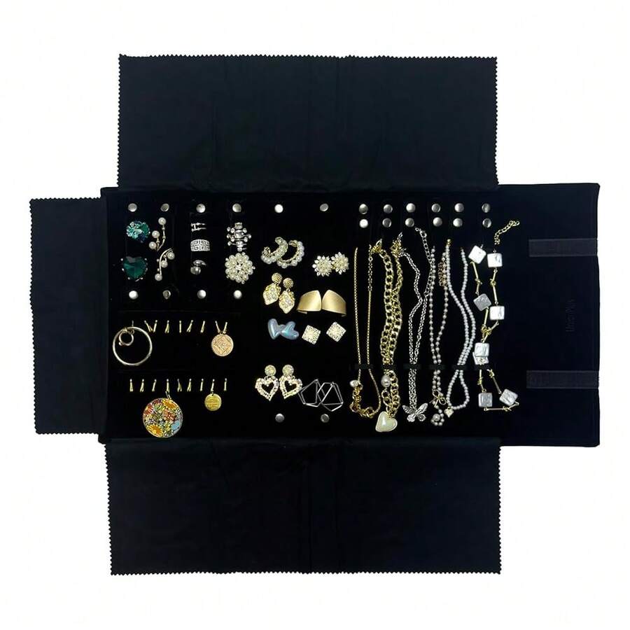 UnionPlus Velvet Travel Jewelry Case Roll Bag For Necklaces Brackets Earrings Rings, Black - BlackMulti - View 1