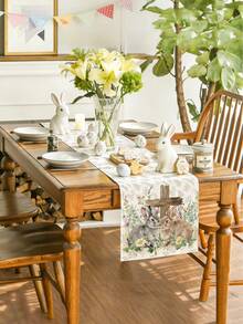 1pc Easter Bunny Pattern Table Runner, Easter Style Table Decor, Linen Material, Available In Multiple Sizes, Suitable For Home Dining, Kitchen Decor, Home Decor, Outdoor Party And Restaurant Decoration, Textured Linen Appearance - White - View 2