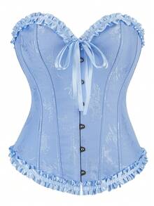 Women Overbust Corset Lace Up Floral Jacquard Frill Trim Boned Bustier Tops Festival Prom Birthday Back To School Halloween Country Concert Outfit - Multicolor - View 12
