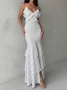 Elegant White Polka Dot Spaghetti Strap Deep V Dress With Chest Ruffle Accents, Fitted Waist, Open Back, Fishtail Silhouette & Layered Ruffles – Elegant Sweet Style Ideal For Parties, Wedding Guest Dress, Date Nights, City Strolls, Vacations, Casual Going Out, Plain Spring Summer Outfits - White - View 5