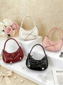 Bolsa transversal moderna e popular com corrente, alça de ombro com laço, bolsa delicada e charmosa, feita de PU com fecho magnético. Ideal para compras, festas, uso diário, para guardar fones de ouvido e lenços de papel. Cor sólida e vibrante, perfeita para presentear. - Multicolorido - Ver 2