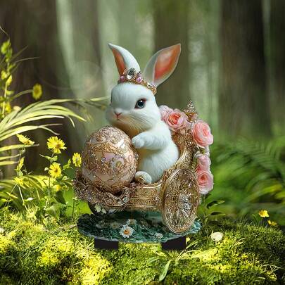 2D akryl trädgårdsdekorationer, magisk skogskaninvagnsprydnad, prinsessliknande kanin med guldägg och blomsterdekor, vattentät utomhusgräsmatta och trädgårdsdekoration, mystisk skogsdjursdekor