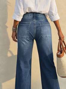 女士奢华海军蓝阔腿牛仔裤，优雅高腰贴袋牛仔裤，时尚Y2K美学春季休闲街头风喇叭牛仔裤 - 中等水洗藍 - 查看 5