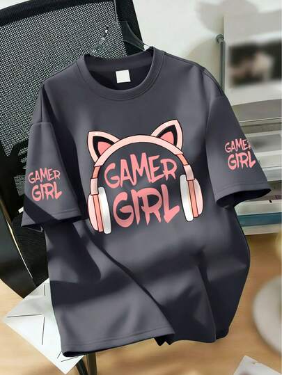 女童猫耳标语印花休闲短袖T恤，圆领设计，时尚百搭，舒适有趣。