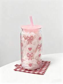 1个16盎司粉色蝴蝶结塑料杯，带盖和吸管，非常适合盛装冰咖啡、便携饮料、果汁和冰沙，是送给女士和姐妹的完美礼物，适合办公室、家庭办公室、返校季、学生水杯，适合夏季和冬季，生日、节日和礼物，返校季、情人节、旅行、卧室，适合夏季、冬季和春季 - 彩色 - 查看 3