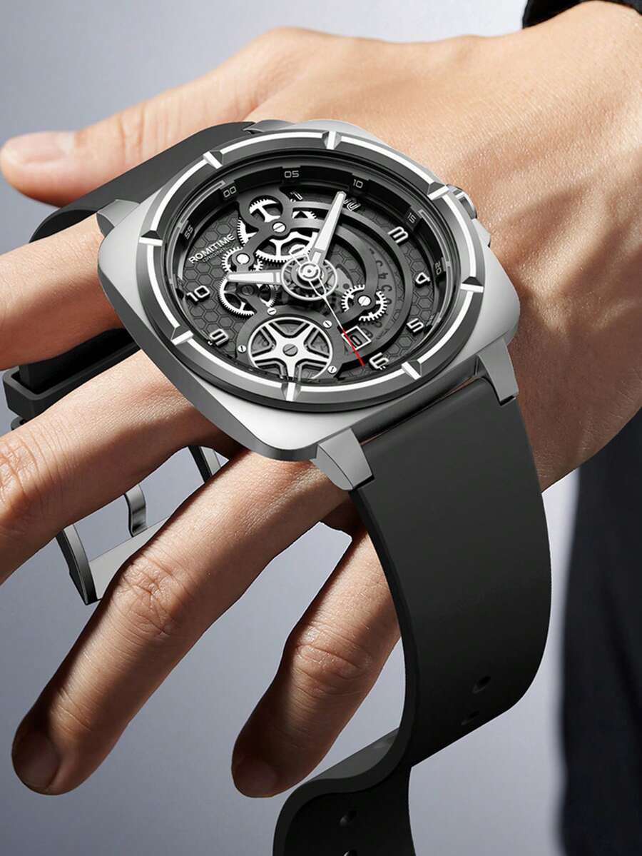 GUANQIN Đồng hồ cơ nam chống nước, phát sáng hình đầu lâu, mặt vuông, vỏ thép không gỉ, kiểu dáng thời trang, công sở, sang trọng, thể thao, tối giản, thích hợp cho Halloween, Giáng sinh, Ngày của Cha, Sinh nhật, tựu trường, học sinh, ngày lễ, Ngày Valentine, hẹn hò, công sở, đeo hàng ngày, quà tặng. - màu đen - Xem 1