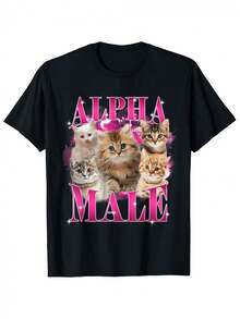 Funny Alpha Male Cat Meme Graphic T-Shirt For Men - 180g Heavy Cotton Black T-Shirt With 6 Playful Tabby And Tuxedo Cats, Pink Text & Alpha Lettering - Casual Round Neck Short Sleeve Shirt For Cat Lovers, Perfect Gift For Men - Soft Breathable Fabric, Machine Washable, Wearable All Year Round, Regular Fit, Humorous Cat Design With Pink & White Lettering - 黑色 - 查看 6