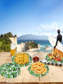 10PCS Tropical Paper Tray 7 "/9" Palm Leaf Tray Tropical Party Supplies, Hawaiian Party Tray Jungle Palm Leaf Tray Disposable Paper Food Tray 9OZ Cup And Napkin Shower Hawaiian Banquet Supplies - Multicolor - View 4