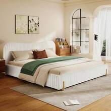 Modern Minimalist Upholstered Bed King Size With Soft Headboard Plush Long-Pile Fabric Covering No Storage Space Mattress Not Included White - White1 - View 11