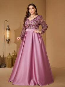 SUPGIR Plus Women's Stand Collar Cape Sleeve Sequin Patchwork Slim-Fitting Chiffon Temperament Evening Dress - Red Violet - View 1