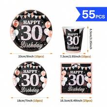 30th Birthday Disposable Tableware Set, Includes Plates, Napkins And Cups, Serves 10 Guests, Lightweight Luxury Disposable Plates, Napkins And Cups For Birthday, Wedding, Party, Family Picnic - Multicolor - View 2