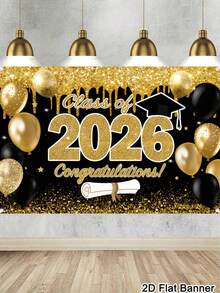 1pc Graduation Banner Background, Class Of 2026 Congrats Grad Pattern Backdrop, Black Gold Background Cloth, Indoor Outdoor Wall Decor, Graduation Decorations 2026 High School College Party Supplies, Room Home Decor - Black Gold-02 - View 2