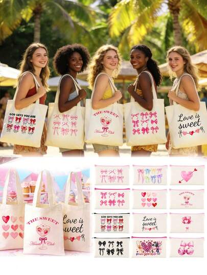 Y2K Style Heart & Bow Cherry Bow Pattern Girls Theme Portable Canvas Travel Organizer Bag, Cosmetic Bag, Toiletry Bag, S/M/L Size Options, Suitable For Back To School, Graduation Trip, Holiday, Cruise, Beach Party, Weekend Party, Reusable Snack, Candy And Gift Packaging Bag