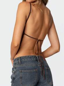 Women Tie Front Split Cami Tank Top Y2K Dots Print Lace Trim Spaghetti Strap V Neck Slim Fit Camisole Crop Tops Sexy Backless Sleeveless Low Cut Vests Shirts Summer Going Out Tops Streetwear - 棕色 - 查看 2