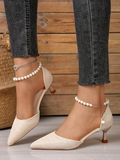 Zapatos de tacón alto con punta puntiaguda, hebilla y cadena de perlas falsas, zapatos de tacón alto versátiles y elegantes para mujer para fiestas y banquetes