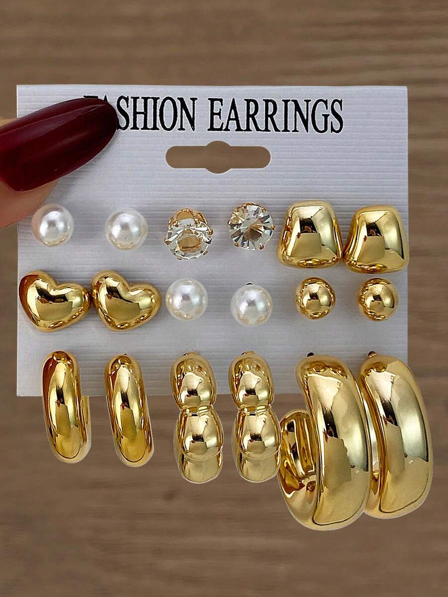VKME 18件套金属材质爱心珍珠不对称卡片耳环套装 - XH92825184-85 - 查看 1