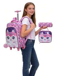 BLING BABIES 3件套拉杆背包，可爱卡通猫咪亮片设计，适合学生，带轮子，包含午餐盒和铅笔盒 - 粉色 - 查看 2
